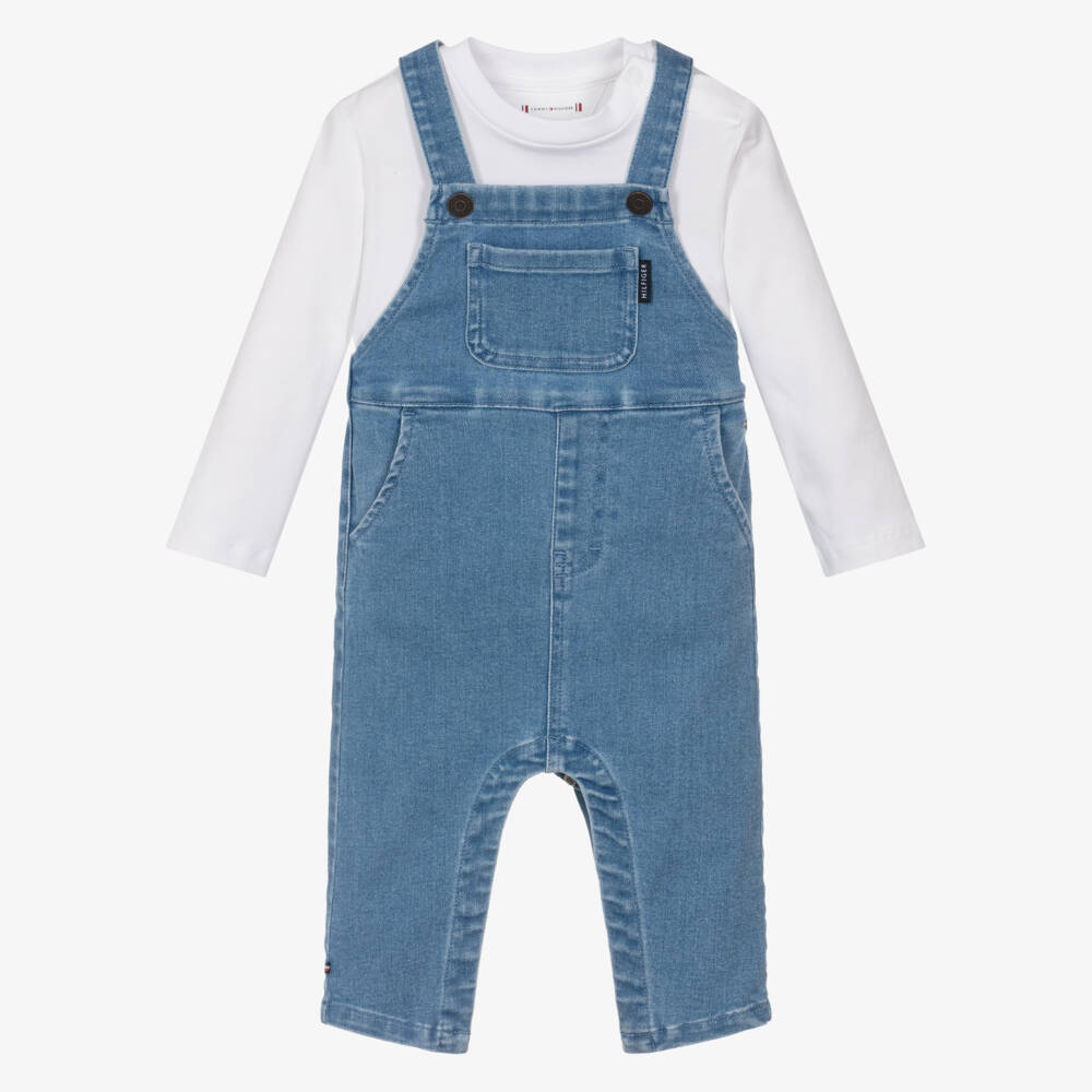 Tommy Hilfiger-White Top & Blue Denim Dungaree Set | Childrensalon