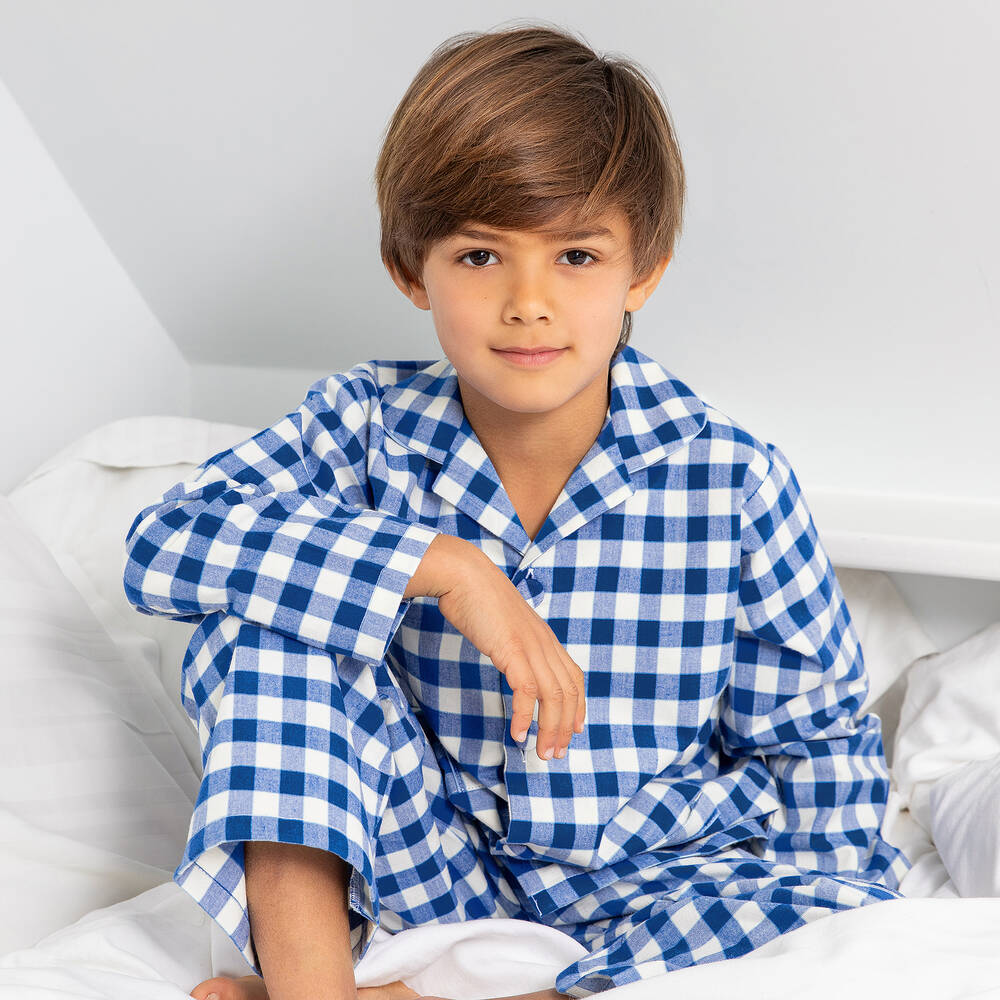 Turquaz-Boys Blue Cotton Gingham Pyjamas | Childrensalon