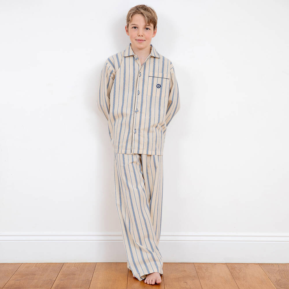Turquaz-Boys Ivory Striped Cotton Pyjamas | Childrensalon