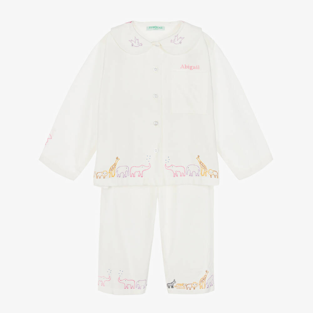 Turquaz-Girls Personalised White Cotton Animal Embroidery Pyjamas | Childrensalon