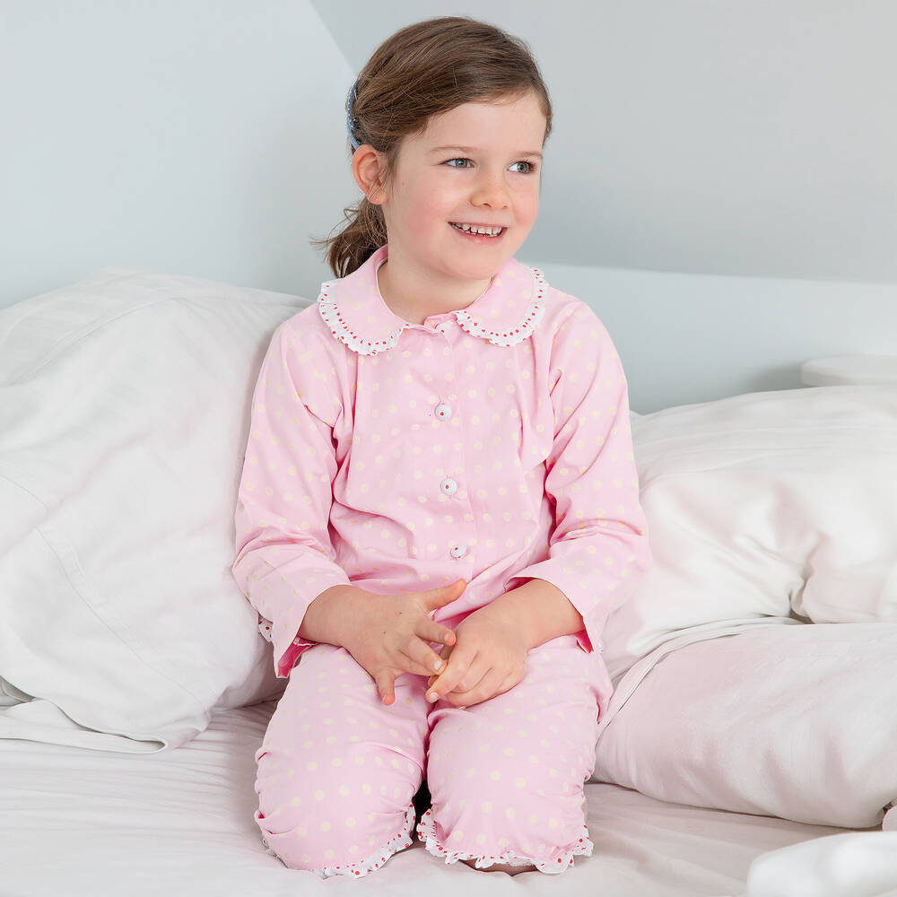 Turquaz-Girls Pink & Yellow Polka Dot Cotton Pyjamas | Childrensalon