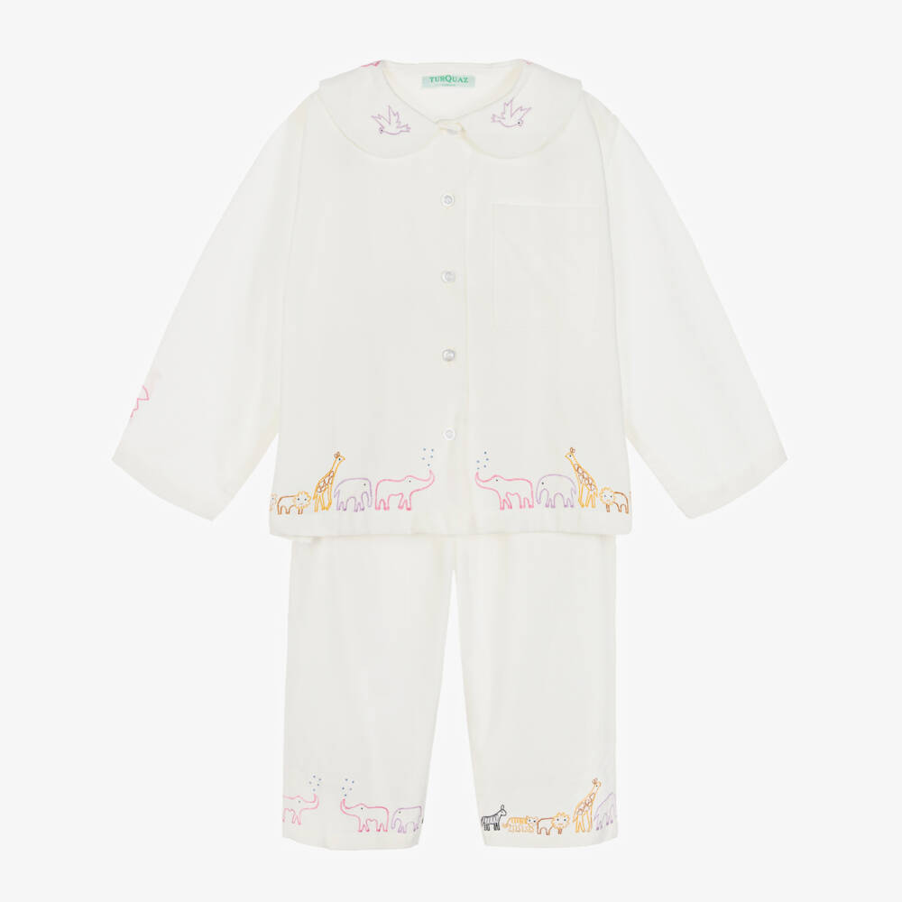 Turquaz-Girls White Cotton Animal Embroidery Pyjamas | Childrensalon