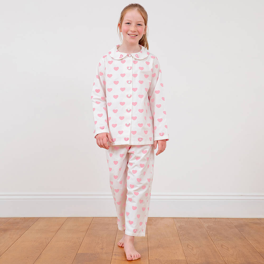 Turquaz-Girls White & Pink Cotton Heart Pyjamas | Childrensalon