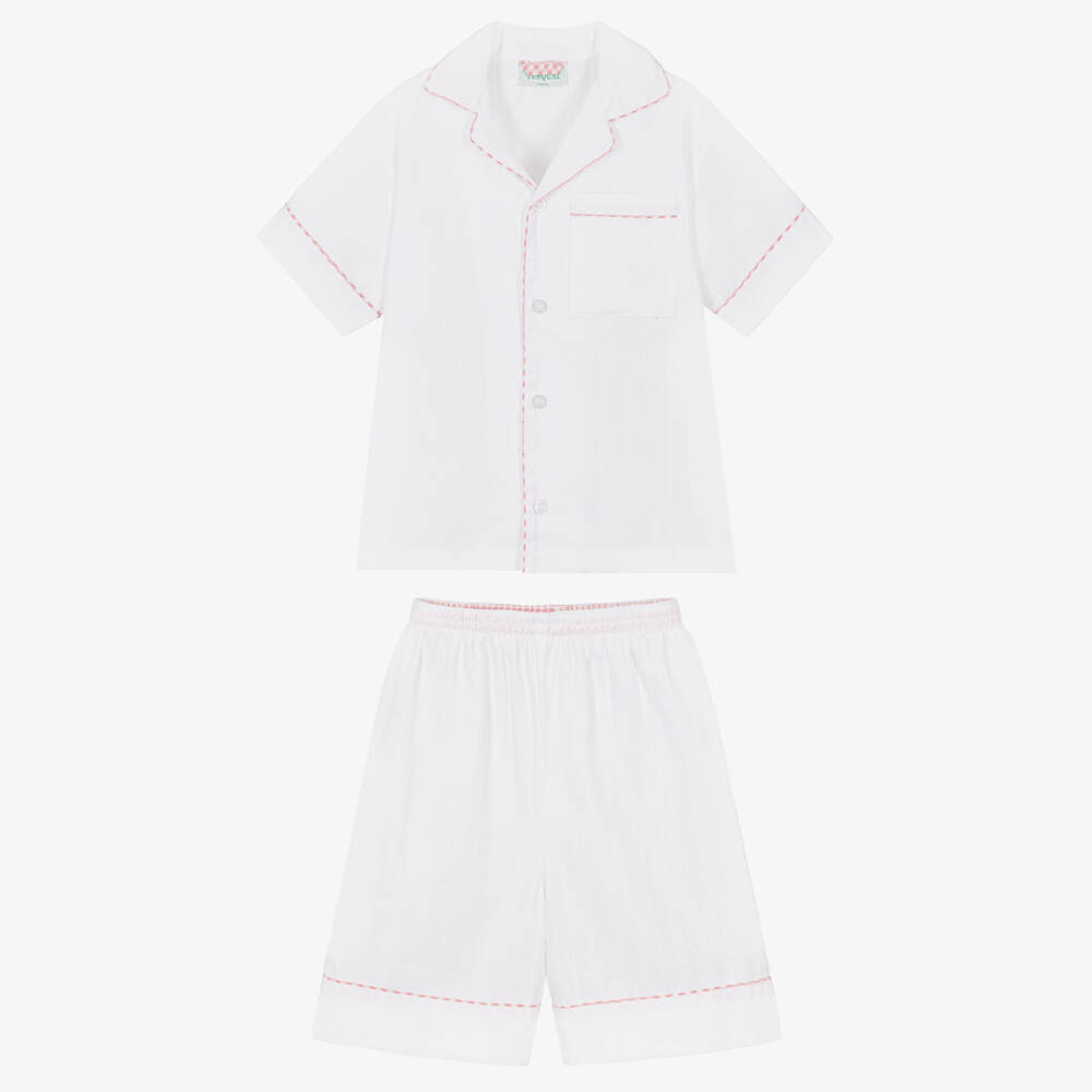 Turquaz-Girls White & Pink Cotton Short Pyjamas | Childrensalon