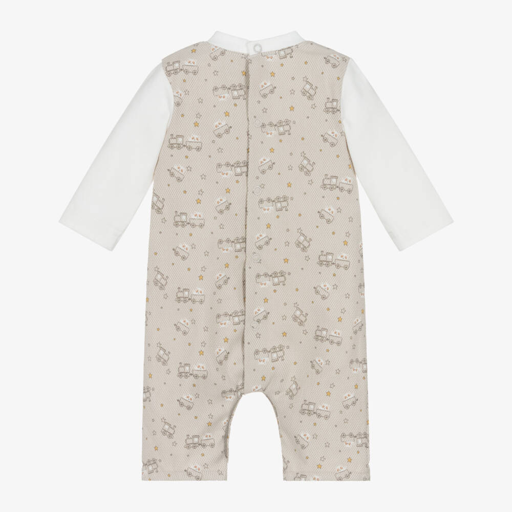 Tutto Piccolo-Baby Boys Beige Cotton Train Print Romper | Childrensalon