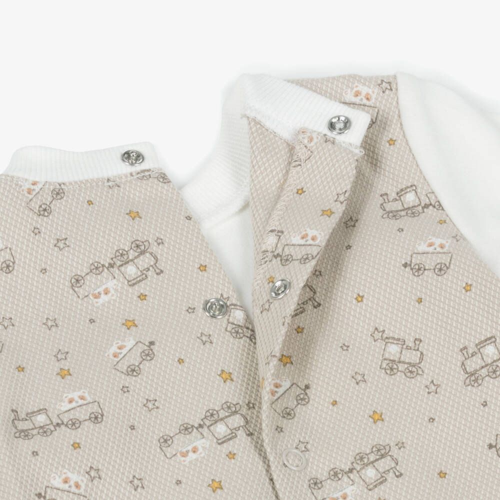 Tutto Piccolo-Baby Boys Beige Cotton Train Print Romper | Childrensalon
