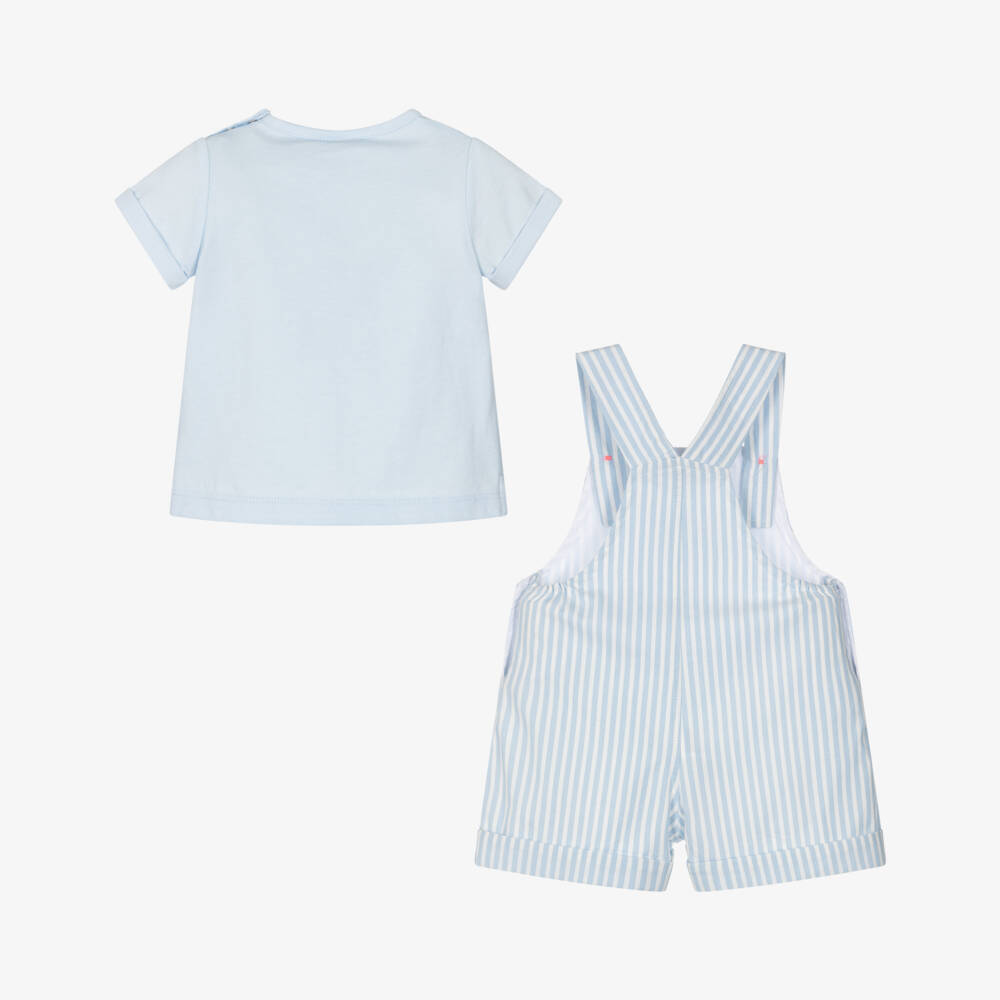 Tutto Piccolo-Baby Boys Blue Striped Cotton Dungaree Shorts Set | Childrensalon