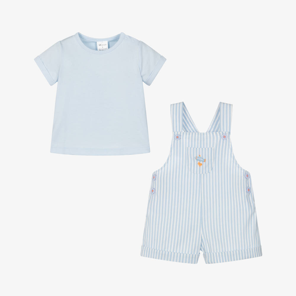 Tutto Piccolo-Baby Boys Blue Striped Cotton Dungaree Shorts Set | Childrensalon