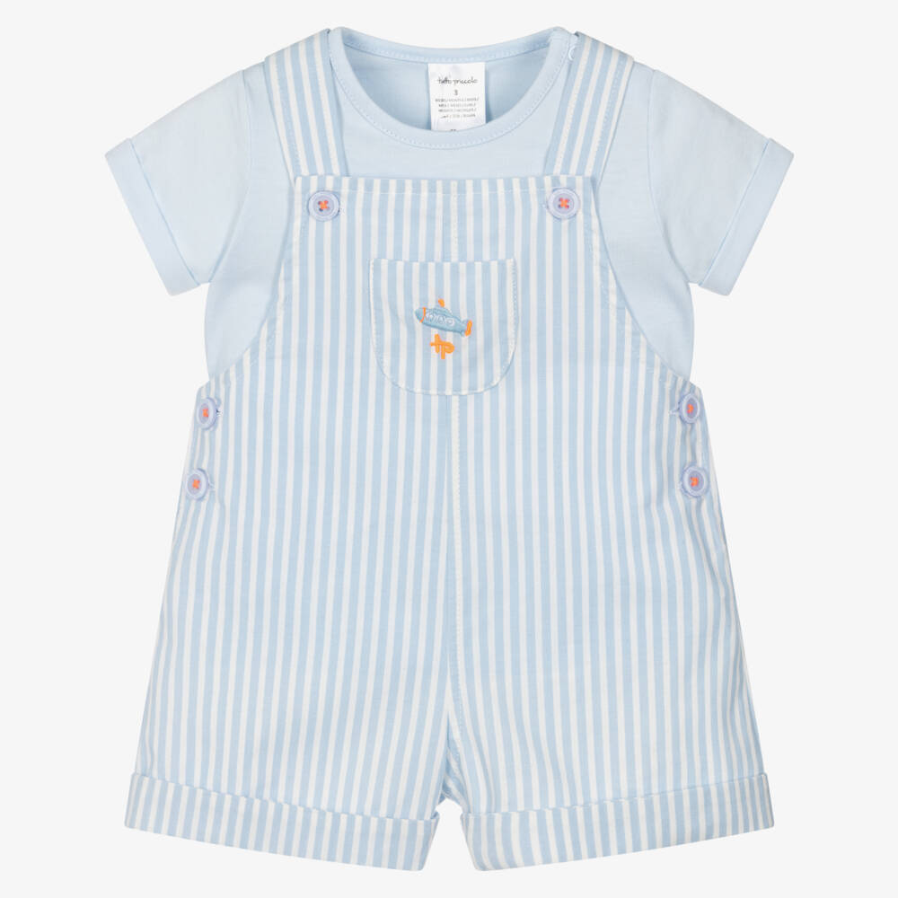 Tutto Piccolo-Baby Boys Blue Striped Cotton Dungaree Shorts Set | Childrensalon