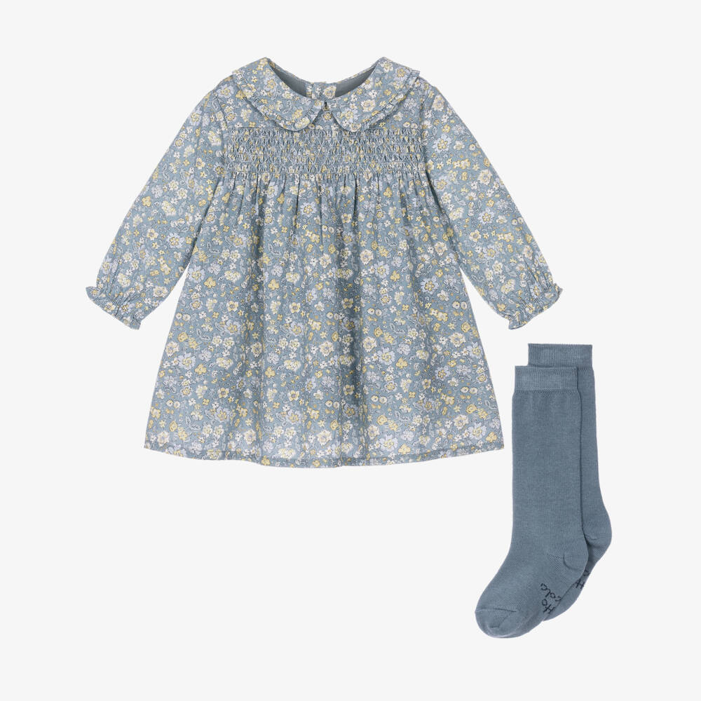 Tutto Piccolo-Baby Girls Blue Floral Dress Set with Socks | Childrensalon