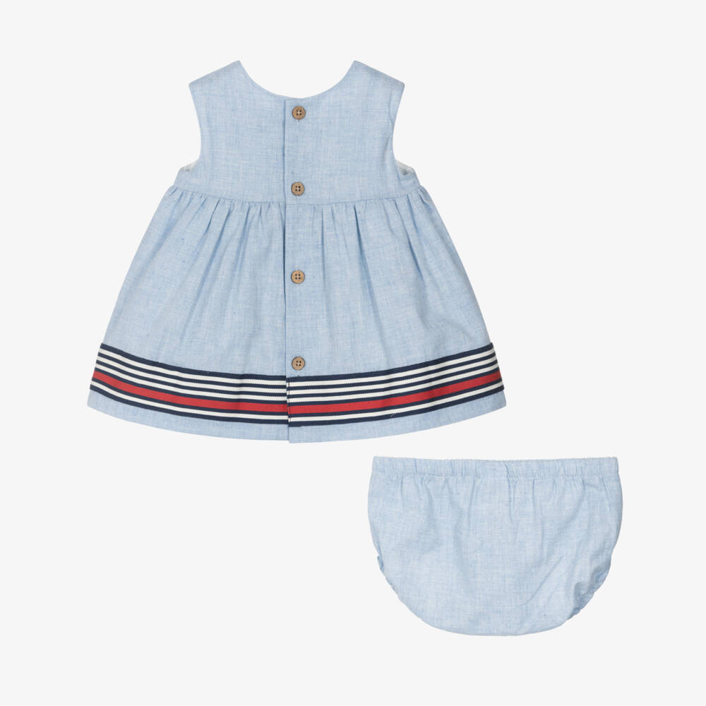 Tutto Piccolo-Baby Girls Blue Linen & Cotton Dress with Striped Details | Childrensalon