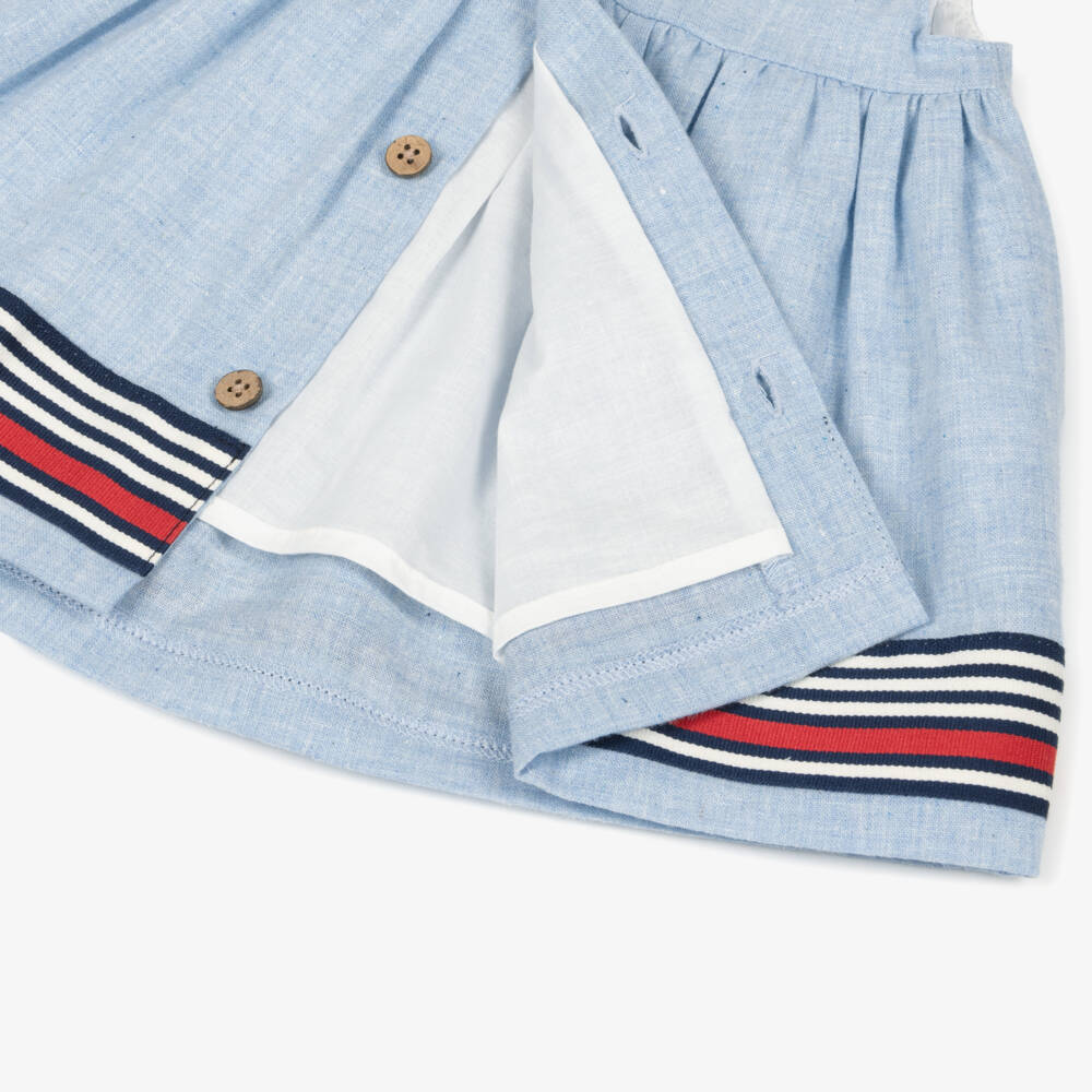 Tutto Piccolo-Baby Girls Blue Linen & Cotton Dress with Striped Details | Childrensalon