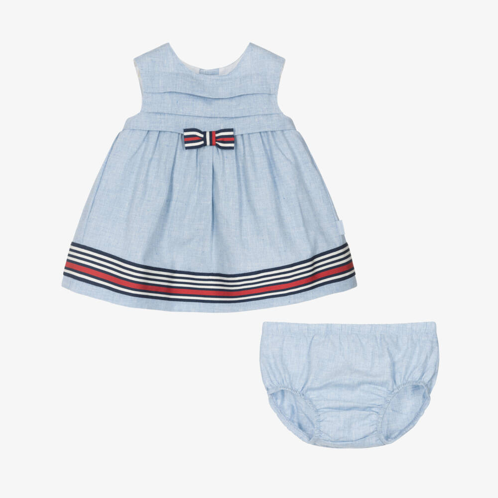Tutto Piccolo-Baby Girls Blue Linen & Cotton Dress with Striped Details | Childrensalon