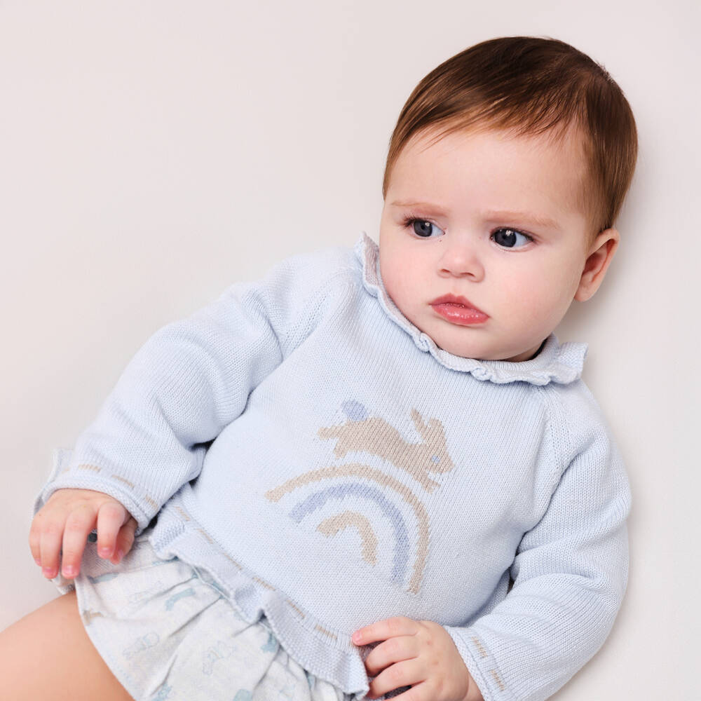 Tutto Piccolo-Baby Girls Blue Rabbit Jumper, Shorts & Socks Set | Childrensalon