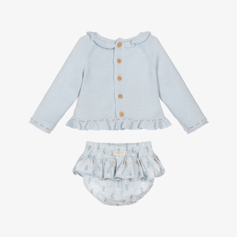 Tutto Piccolo-Baby Girls Blue Rabbit Jumper, Shorts & Socks Set | Childrensalon