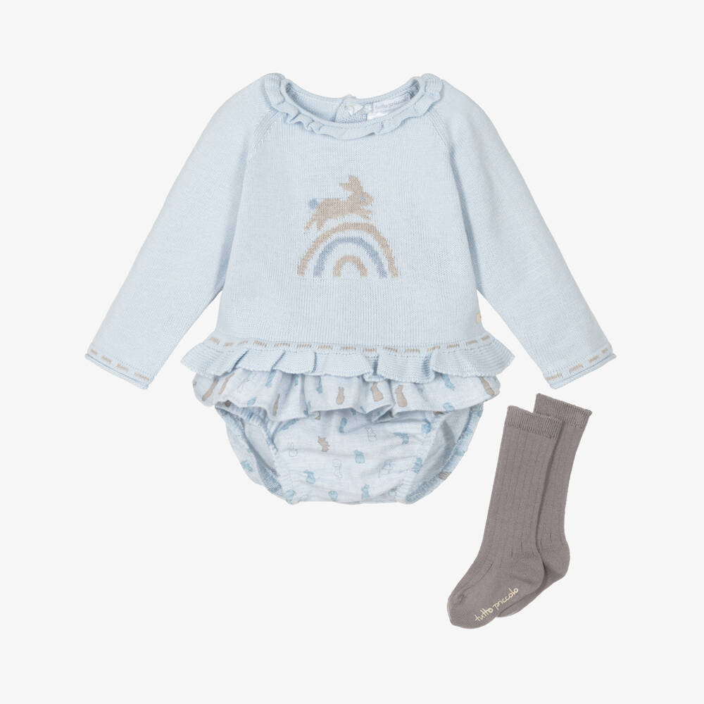 Tutto Piccolo-Baby Girls Blue Rabbit Jumper, Shorts & Socks Set | Childrensalon