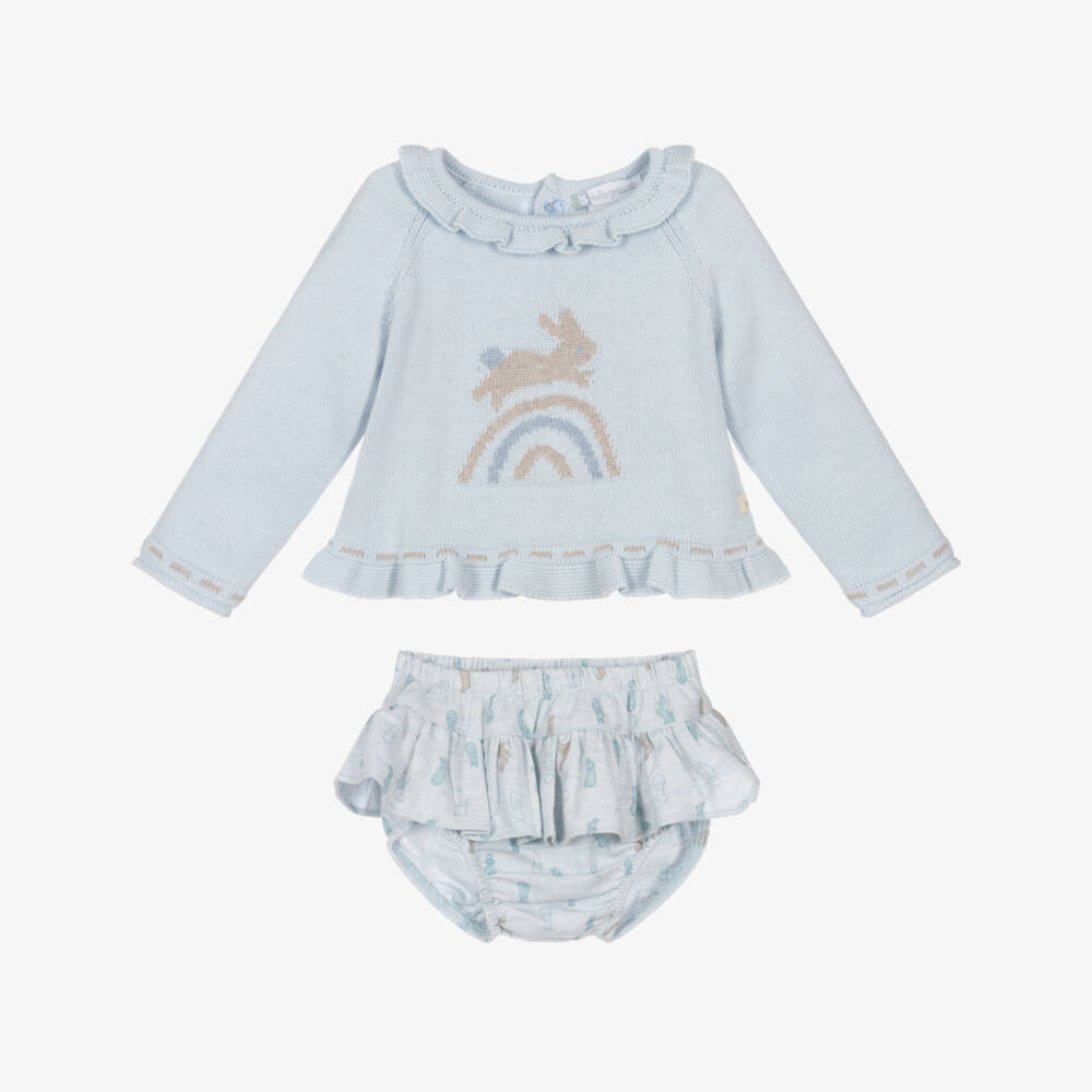 Tutto Piccolo-Baby Girls Blue Rabbit Jumper, Shorts & Socks Set | Childrensalon