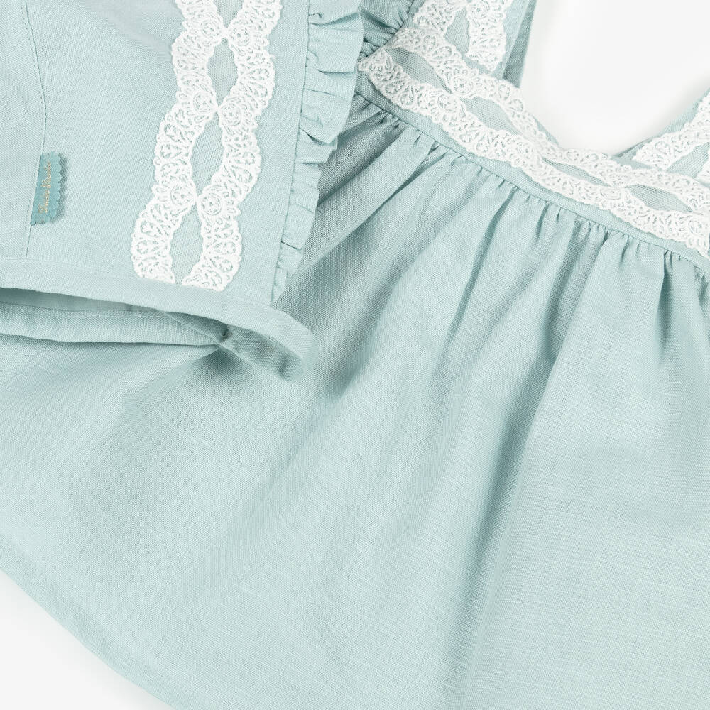 Tutto Piccolo-Baby Girls Green Linen & Cotton Dress Set | Childrensalon