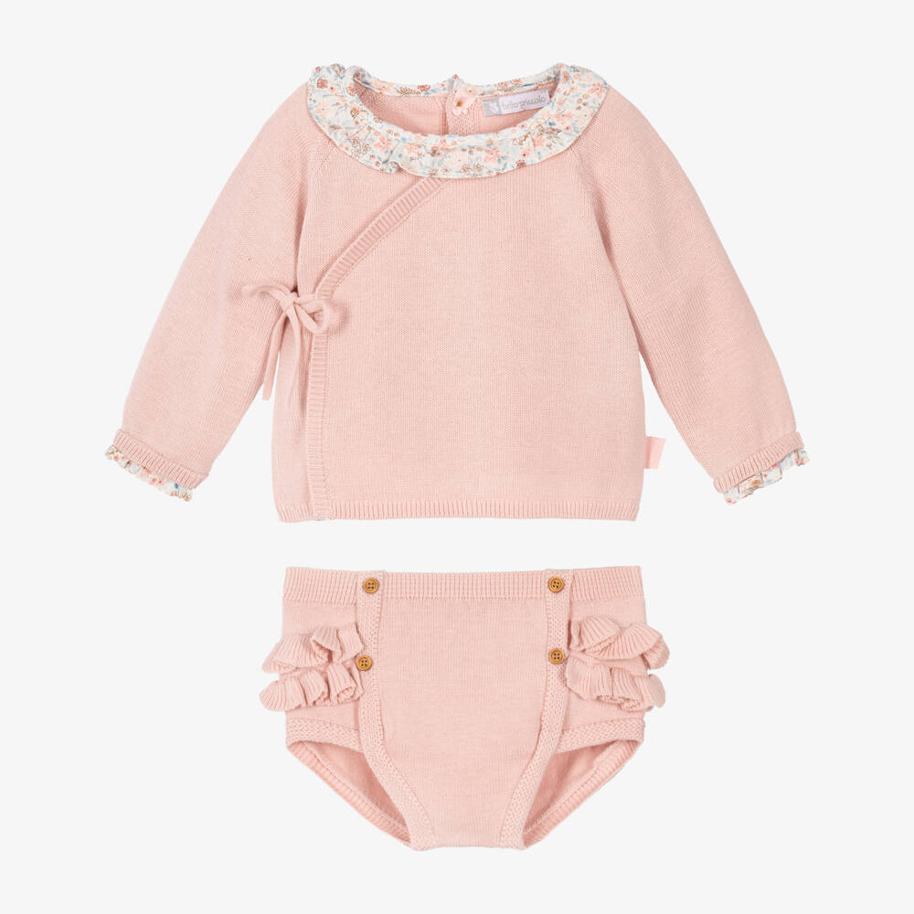 Tutto Piccolo-Baby Girls Pink Knitted Shorts Set with Floral Trims | Childrensalon