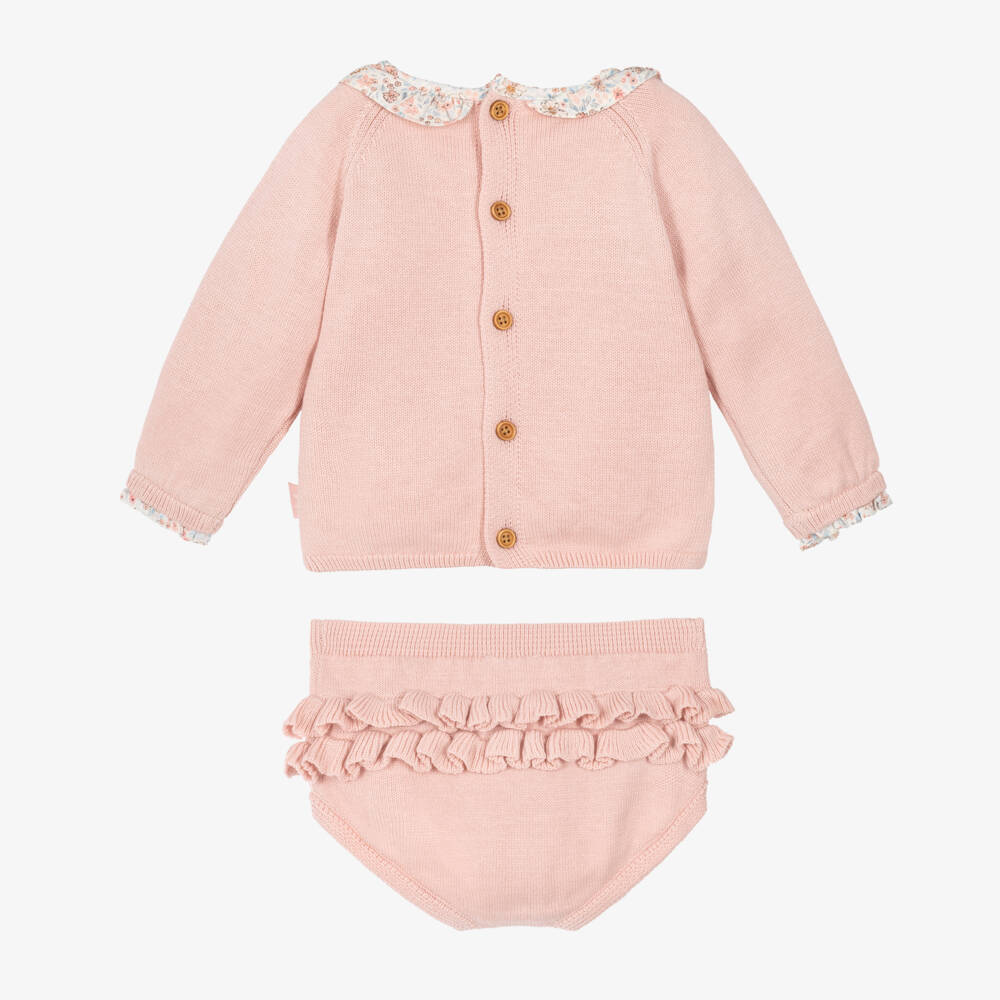 Tutto Piccolo-Baby Girls Pink Knitted Shorts Set with Floral Trims | Childrensalon