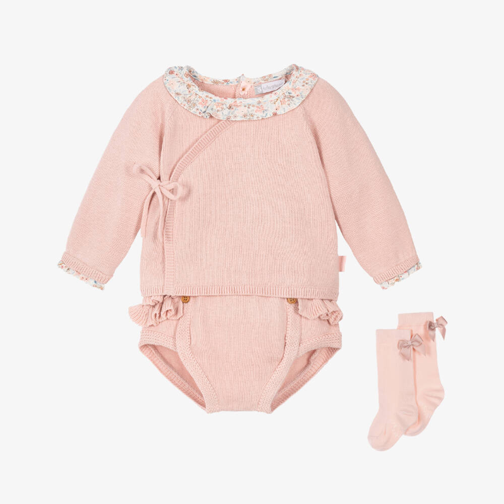 Tutto Piccolo-Baby Girls Pink Knitted Shorts Set with Floral Trims | Childrensalon