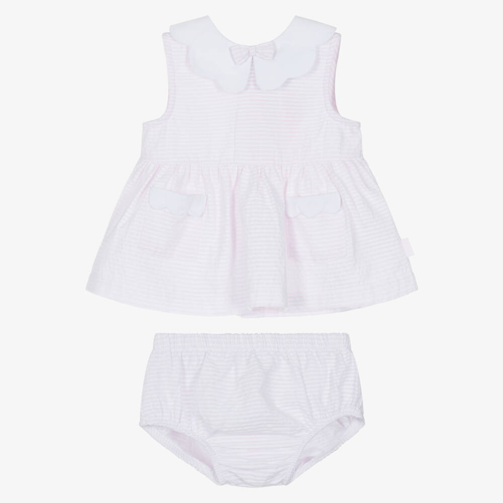 Tutto Piccolo-Baby Girls Pink & White Stripe Dress with Scalloped Collar | Childrensalon