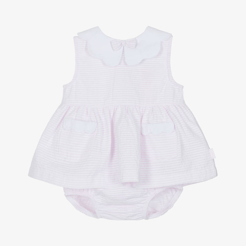 Tutto Piccolo-Baby Girls Pink & White Stripe Dress with Scalloped Collar | Childrensalon