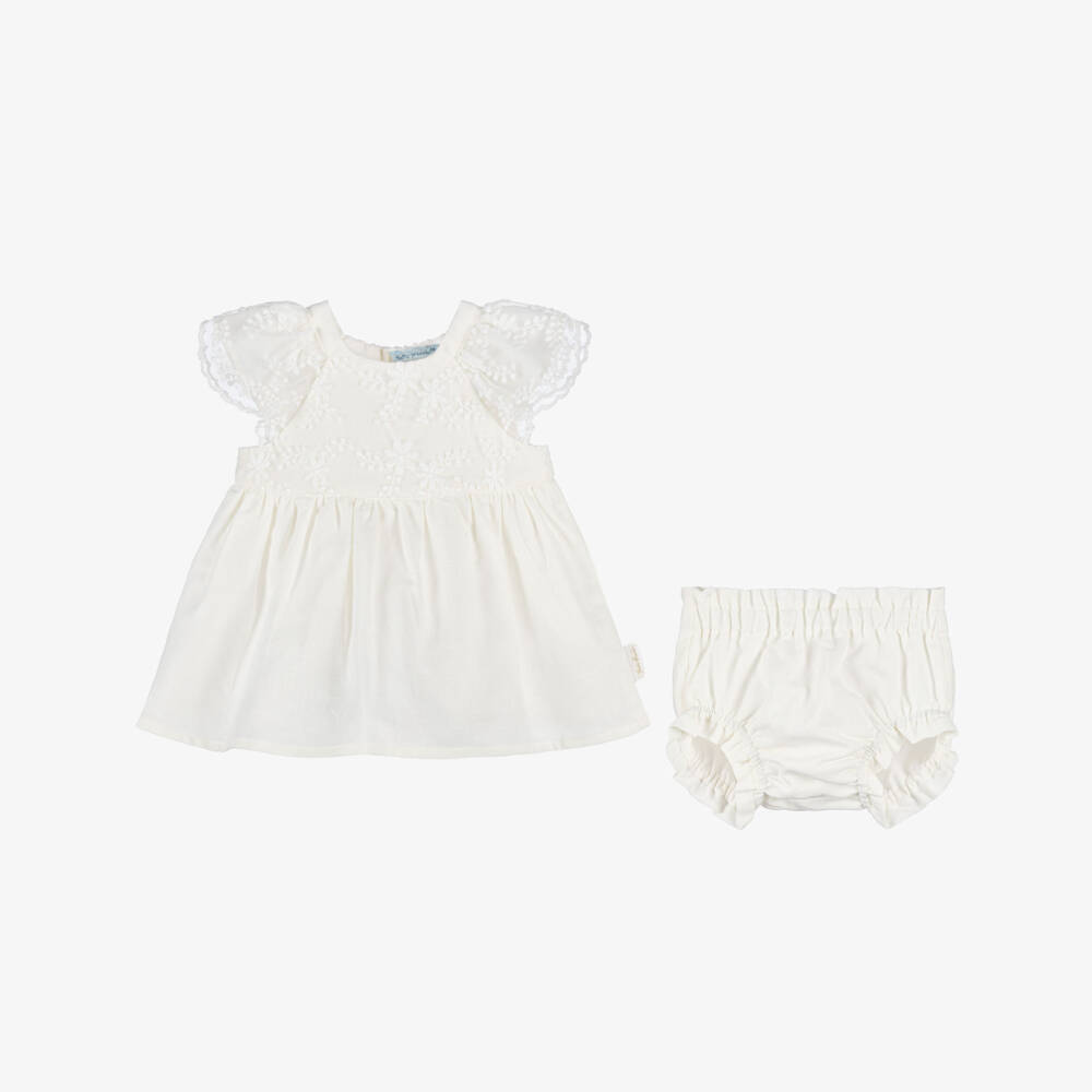 Tutto Piccolo-Baby Girls White Cotton & Linen Dress Set with Lace Trim | Childrensalon