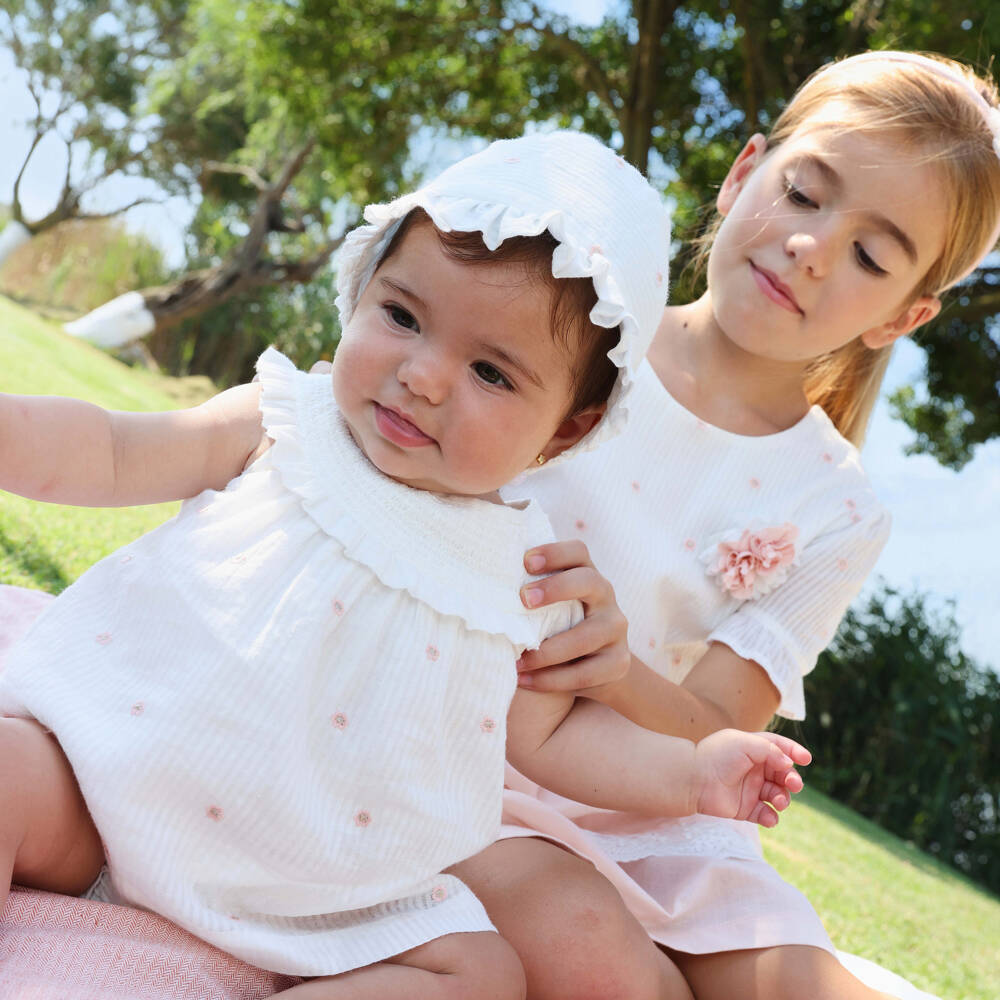 Tutto Piccolo-Baby Girls White Cotton Striped Floral Dress Set | Childrensalon
