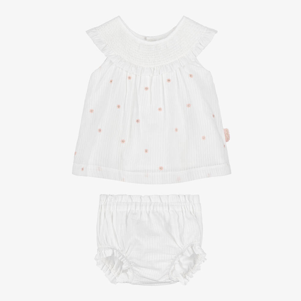 Tutto Piccolo-Baby Girls White Cotton Striped Floral Dress Set  | Childrensalon
