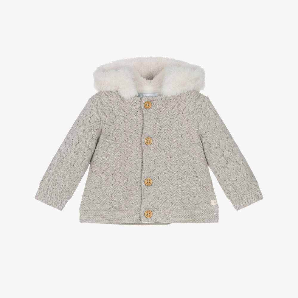 Tutto Piccolo-Beige Cotton Knit Baby Pram Coat with Faux Fur-Lined Hood | Childrensalon