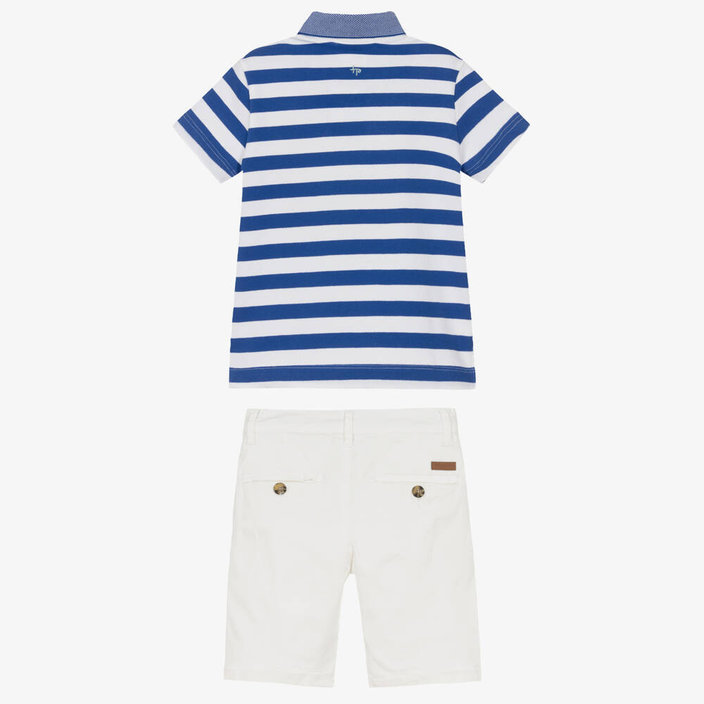 Tutto Piccolo-Blue & White Stripe Polo Top & Shorts Set | Childrensalon