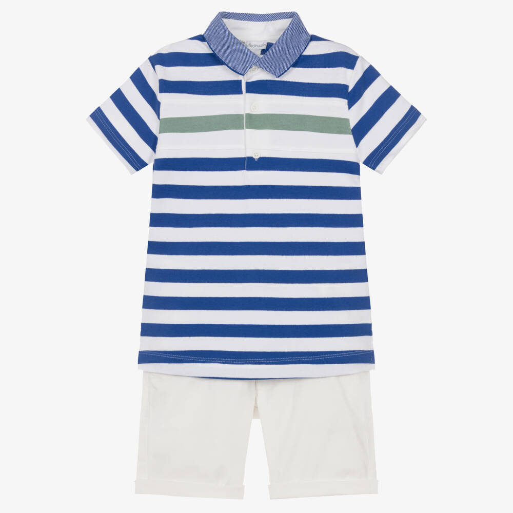 Tutto Piccolo-Blue & White Stripe Polo Top & Shorts Set | Childrensalon
