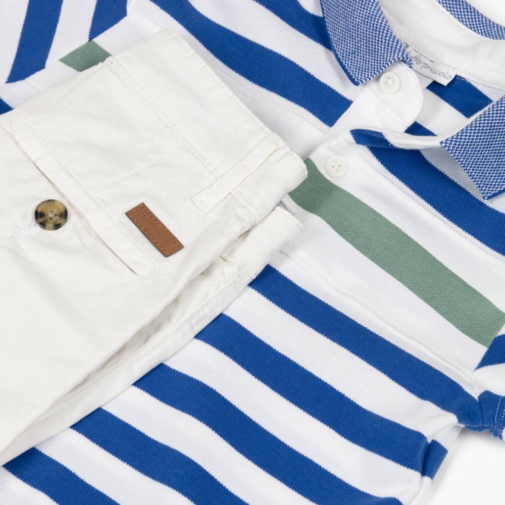 Tutto Piccolo-Blue & White Stripe Polo Top & Shorts Set | Childrensalon