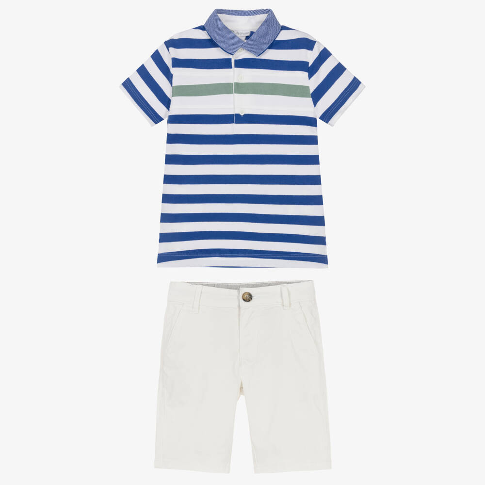 Tutto Piccolo-Blue & White Stripe Polo Top & Shorts Set | Childrensalon