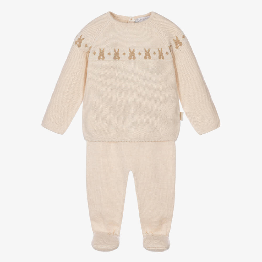 Tutto Piccolo-Boys Beige 2 Piece Babygrow Knitted with Bunnies | Childrensalon