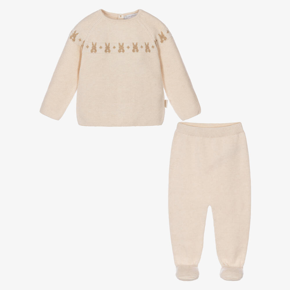 Tutto Piccolo-Boys Beige 2 Piece Babygrow Knitted with Bunnies | Childrensalon