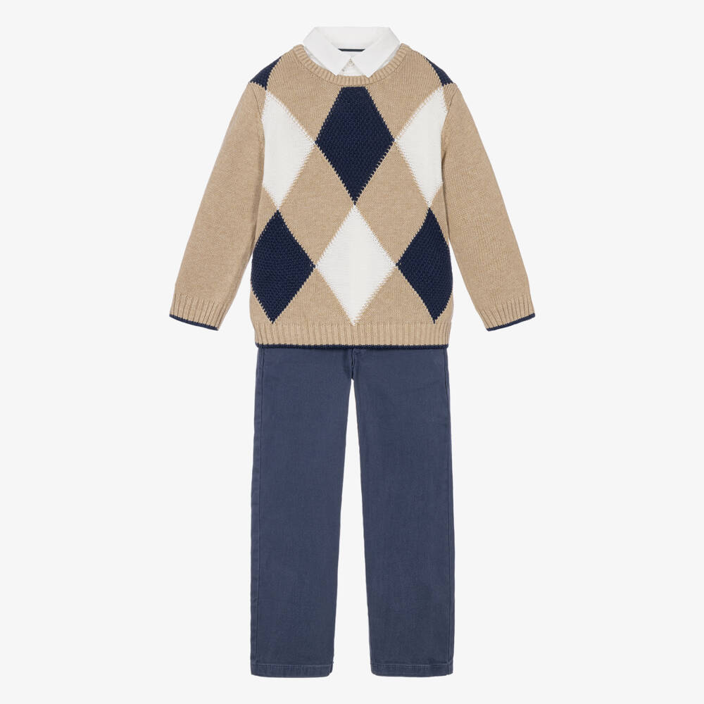 Tutto Piccolo-Boys Beige Argyle Knit Sweater & Navy Blue Trouser Set | Childrensalon