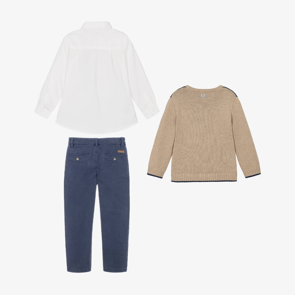 Tutto Piccolo-Boys Beige Argyle Knit Sweater & Navy Blue Trouser Set | Childrensalon