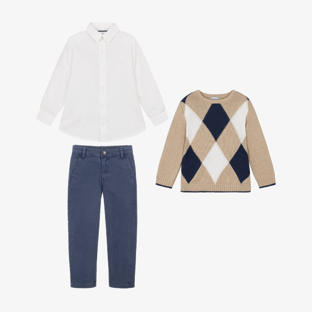 Tutto Piccolo-Boys Beige Argyle Knit Sweater & Navy Blue Trouser Set | Childrensalon