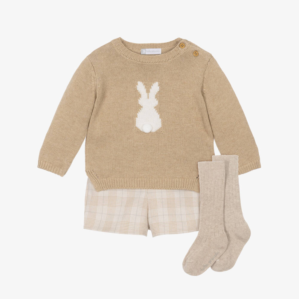 Tutto Piccolo-Boys Beige Bunny Sweater & Shorts Set | Childrensalon