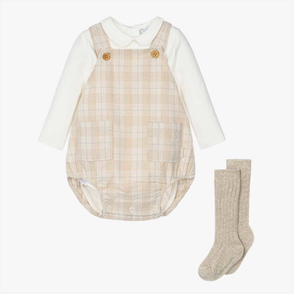 Tutto Piccolo-Boys Beige Check Cotton Shortie Set | Childrensalon
