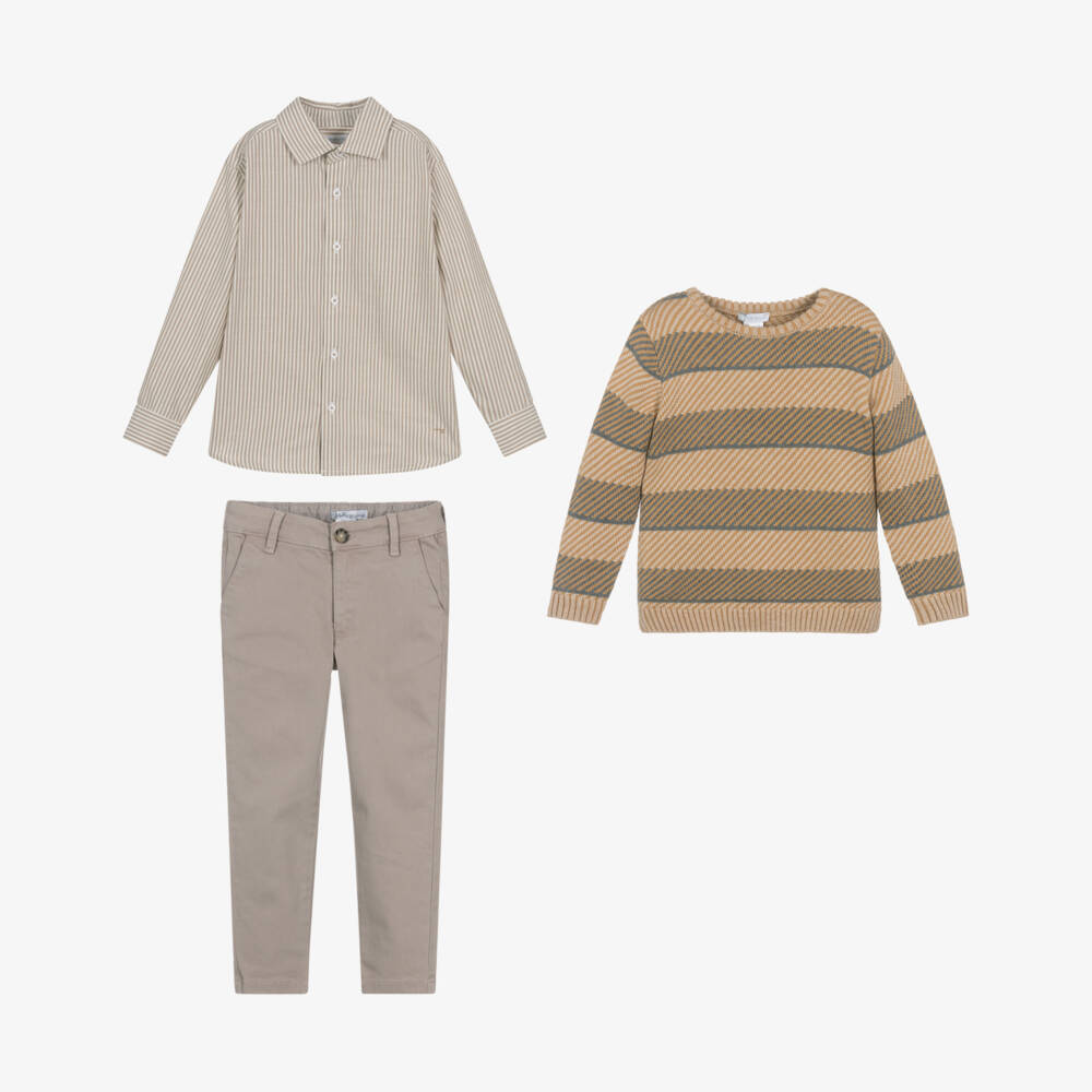 Tutto Piccolo-Boys Beige Cotton 3 Piece Trouser Set | Childrensalon