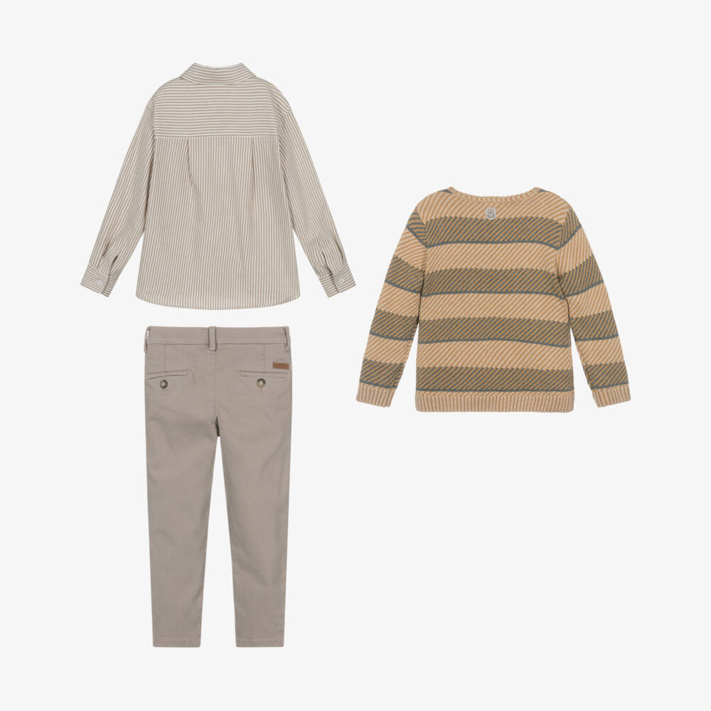 Tutto Piccolo-Boys Beige Cotton 3 Piece Trouser Set | Childrensalon