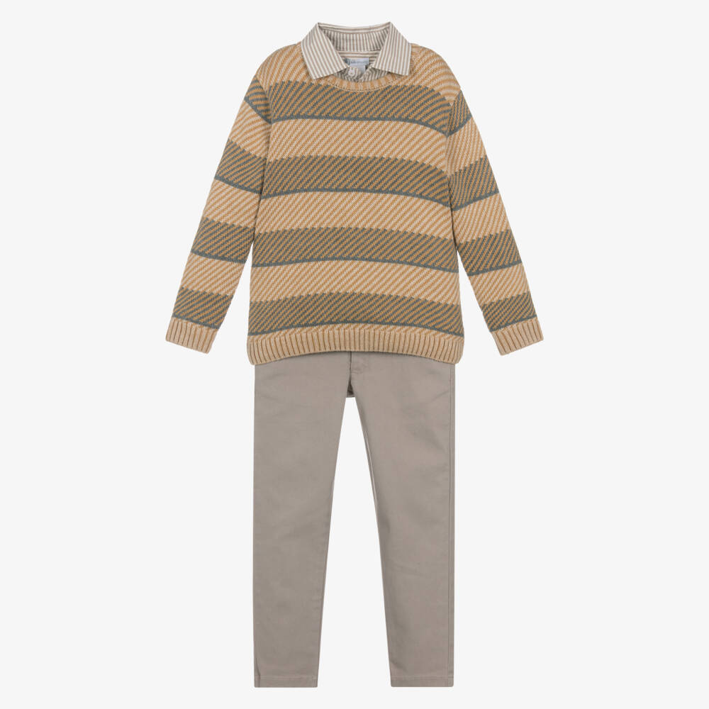 Tutto Piccolo-Boys Beige Cotton 3 Piece Trouser Set | Childrensalon