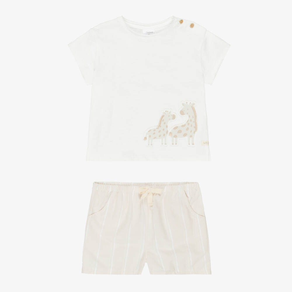 Tutto Piccolo-Boys Beige Cotton Giraffe Motif Shorts Set | Childrensalon