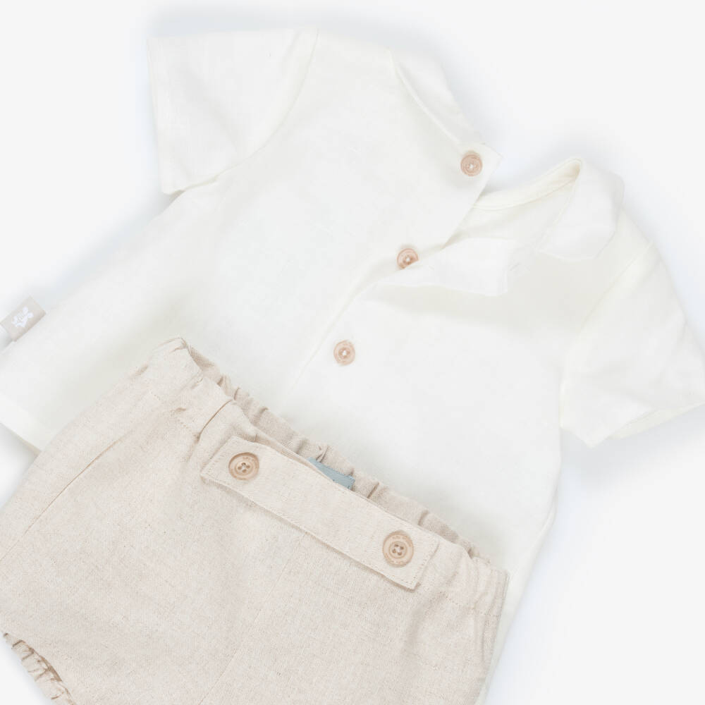 Tutto Piccolo-Boys Beige Cotton & Linen Shorts Set | Childrensalon