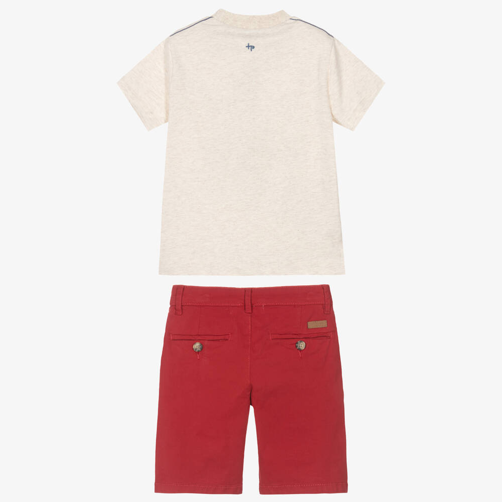Tutto Piccolo-Boys Beige Lighthouse T-Shirt & Red Cotton Shorts Set | Childrensalon