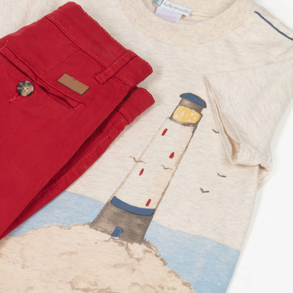 Tutto Piccolo-Boys Beige Lighthouse T-Shirt & Red Cotton Shorts Set | Childrensalon