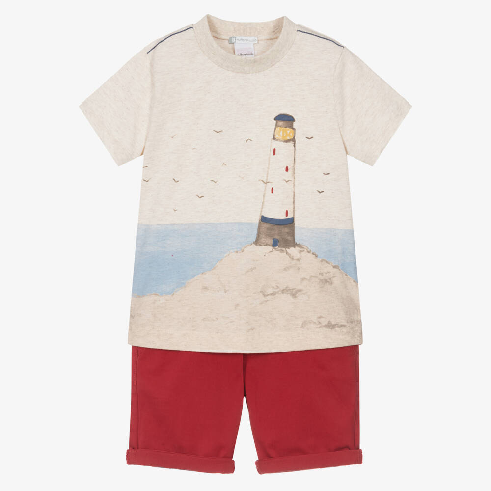 Tutto Piccolo-Boys Beige Lighthouse T-Shirt & Red Cotton Shorts Set | Childrensalon